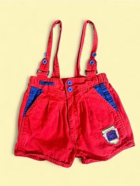 Toddler Red Suspender Shorts with Blue Trim